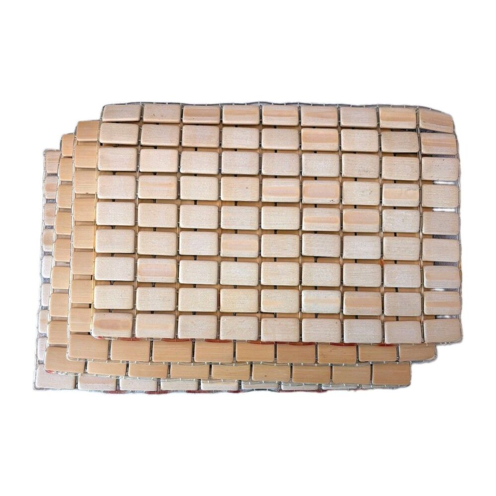 Vintage MCM Wooden Wood Tile Placemats Set of 4 Brown Flexible 11.5 x 18.5"